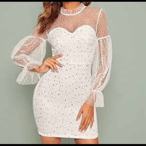 Embroidery Mesh Yoke Flounce Sleeve Tweed Dress M